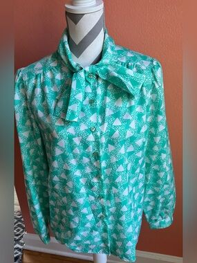 Vintage Devon Tie-Neck Button Down Shirt - Teal White Geometric